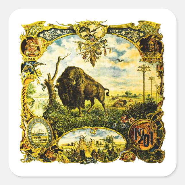 Adesivo Quadrado Pan Am Expo com Motivos de Bisonte e Nativos Ameri (Frente)