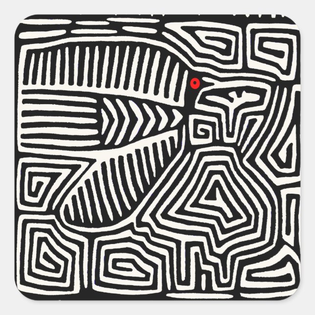 Adesivo Quadrado Panamá Kuna Indian Mola Pajaro - Branco preto (Frente)