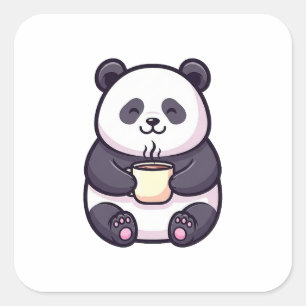 Adesivo Quadrado Panda Alegre com Chá – Ilustração Caprichosa Fofa