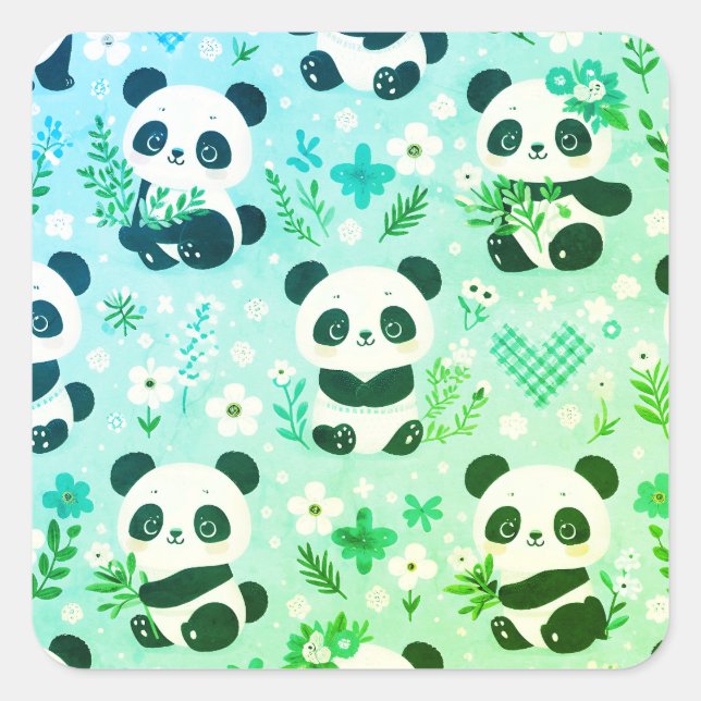 Adesivo Quadrado Panda Bear Pattern Green Impressão (Frente)