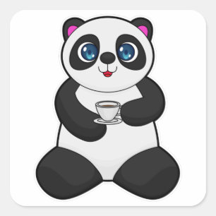 Adesivo Quadrado Panda com Taça de Café