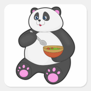 Adesivo Quadrado Panda comendo com Spoon e Bowl