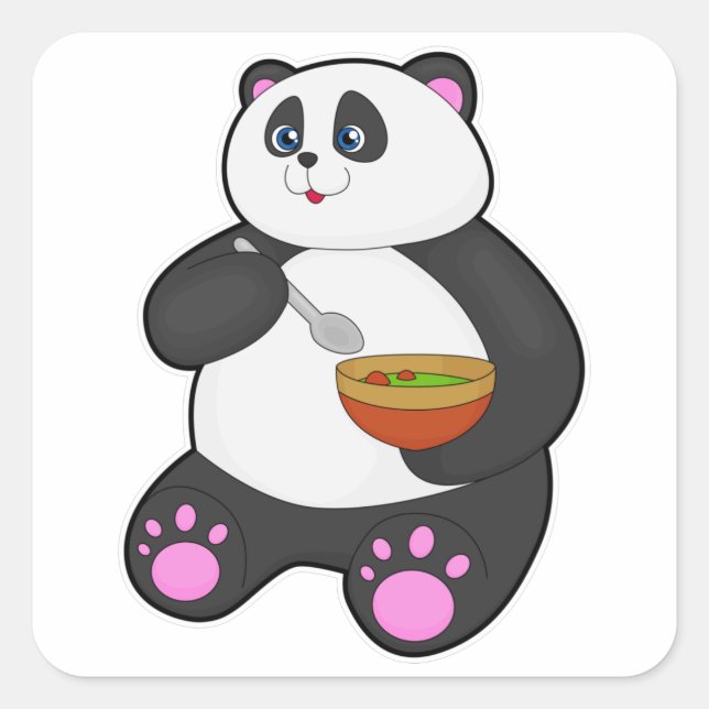 Adesivo Quadrado Panda comendo com Spoon e Bowl (Frente)