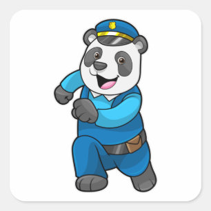 Adesivo Quadrado Panda como agente da polícia com chapéu da polícia