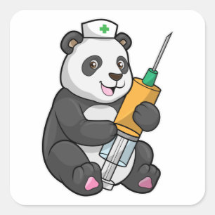 Adesivo Quadrado Panda como enfermeira com seringa