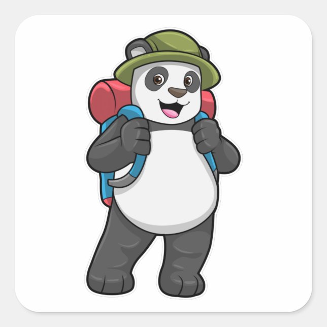 Adesivo Quadrado Panda como Hiker com mochila (Frente)