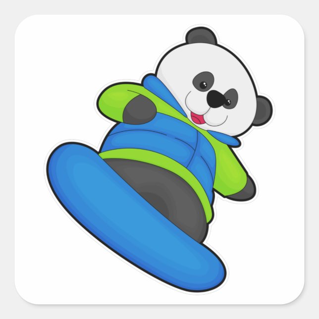 Adesivo Quadrado Panda como Snowboarder com Snowboard (Frente)