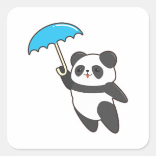 Adesivo Quadrado Panda em Chuva com Guarda-chuvas