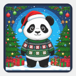 Adesivo Quadrado Panda Fofa de Suéter de Natal Usa Chapéu de Papai