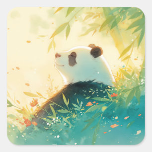 Adesivo Quadrado Panda Gigante Observando Floresta de Bambu Ilumina