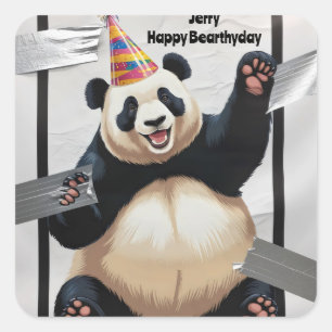 Adesivo Quadrado Panda gigante sentado vestindo chapéu de aniversár