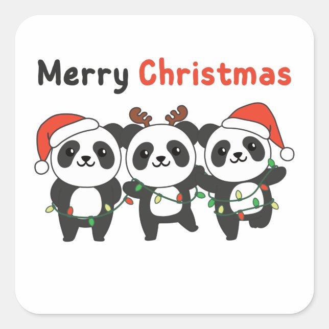 Adesivo Quadrado Panda Natal Animais Pandas Feliz Natal (Frente)