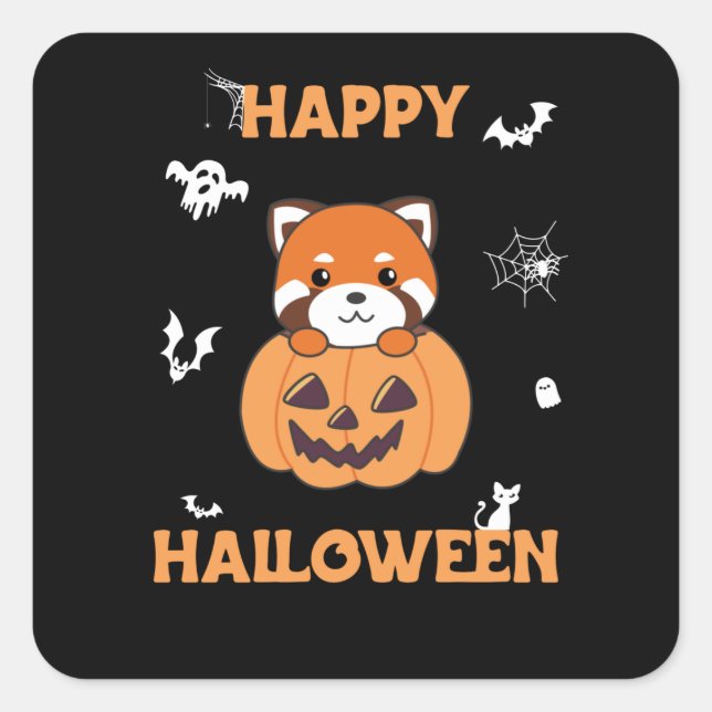 Adesivo Quadrado Panda Vermelha Em Pumpkin Cute Pandas Happy Hallow (Frente)