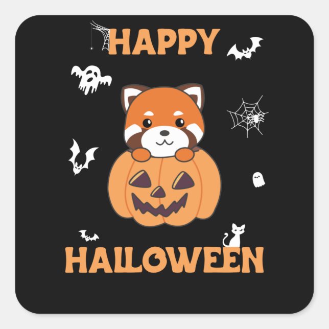 Adesivo Quadrado Panda Vermelha Em Pumpkin Cute Pandas Happy Hallow (Frente)