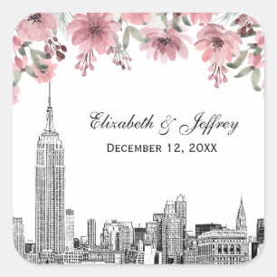Adesivo Quadrado Panorama de NYC ESB Etch Floral Rosa Aquarela