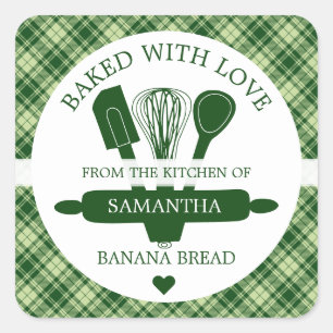 Adesivo Quadrado Pão de Banana Assado Com Amor Plaid Verde de Buffa