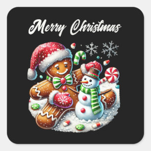 Adesivo Quadrado Pão de gengibre de Natal feliz adiciona texto