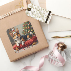 Adesivo Quadrado Pão de Natal de Cachorro Corgi com Coroa de Papai