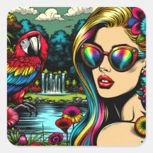 Papagaio Bonito e Linda Mulher no Jardim