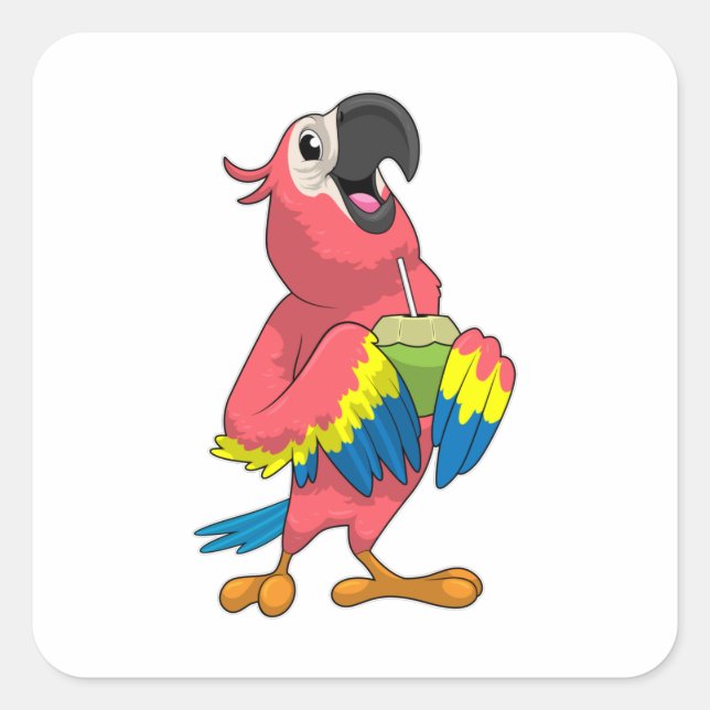 Adesivo Quadrado Papagaio e coco com palha de Bebendo (Frente)