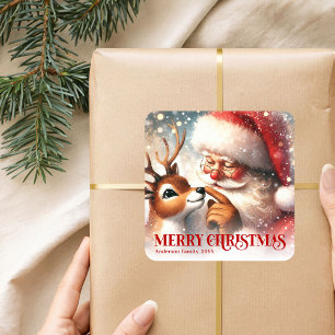 Adesivo Quadrado Papai Noel Adorável Rudolph Personalizado Natal Cr