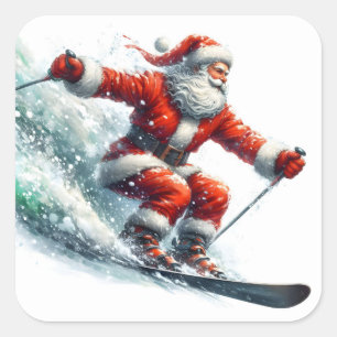 Adesivo Quadrado Papai Noel Ajoquentamente Descendo Snowy Slopes