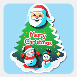 Adesivo Quadrado Papai Noel Alegre Com Boneco de Neve