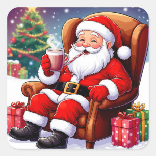Adesivo Quadrado Papai Noel Alegre Relaxando Com Cacau Quente No Na