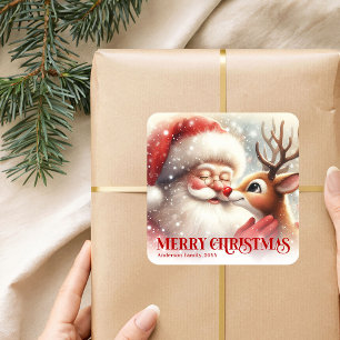 Adesivo Quadrado Papai Noel Alegre Rudolph Presente Personalizado p