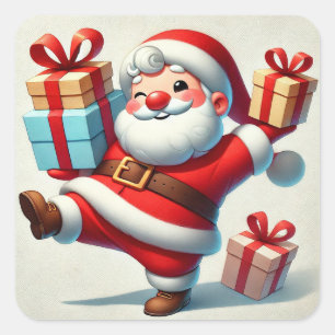 Adesivo Quadrado Papai Noel Alegre Segurando Caixas de Presentes