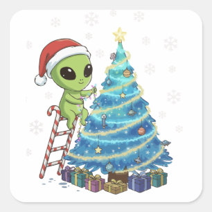 Adesivo Quadrado Papai Noel Alien Adorável e Divertido Decorando o