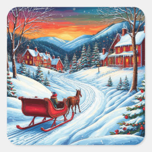 Adesivo Quadrado Papai Noel andando pela neve Presentes de Natal