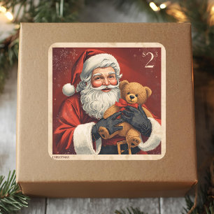 Adesivo Quadrado Papai Noel Antigo com Urso de Pelúcia Selo de Nata
