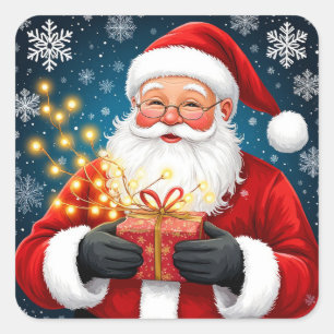 Adesivo Quadrado Papai Noel ao lado da árvore de Natal e presentes
