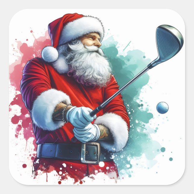 Adesivo Quadrado Papai Noel apreciando um jogo de golfe de inverno  (Frente)