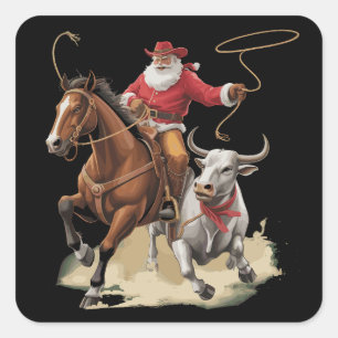 Adesivo Quadrado Papai Noel Caubói Western Roping Natal Vintage 