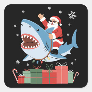 Adesivo Quadrado Papai Noel Cavalgando Camisa de Natal de Tubarão F