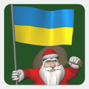 Adesivo Quadrado Papai Noel com a bandeira da Ucrânia
