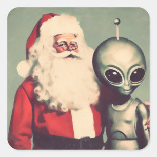 Adesivo Quadrado Papai Noel com Alienígena Espacial Ficha Natal