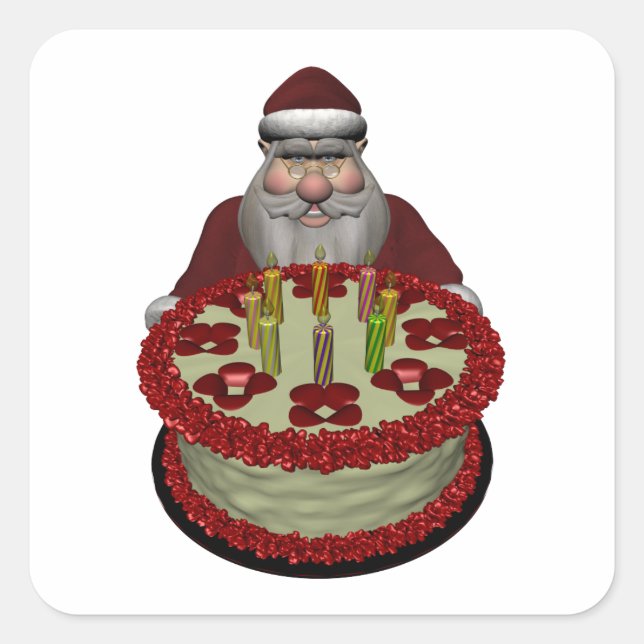Adesivo Quadrado Papai Noel com Bolo de Aniversário (Frente)