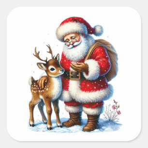Adesivo Quadrado Papai Noel com cervo amistoso na neve do inverno