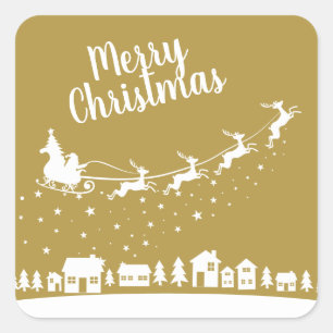 Adesivo Quadrado Papai noel com rena voando acima das casas