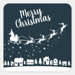 Adesivo Quadrado Papai noel com rena voando acima das casas