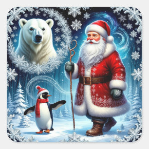 Adesivo Quadrado Papai Noel Com Urso Polar E Pinguim