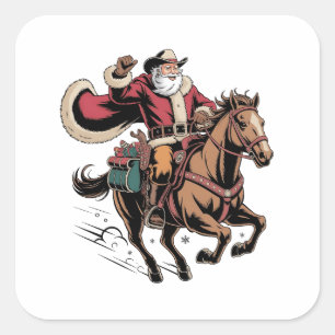 Adesivo Quadrado Papai Noel Cowboy Montado a Cavalo Natal