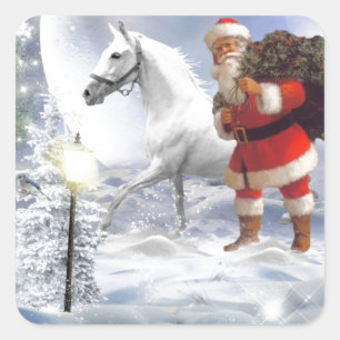 Adesivo Quadrado Papai Noel de Natal com Cavalo Branco