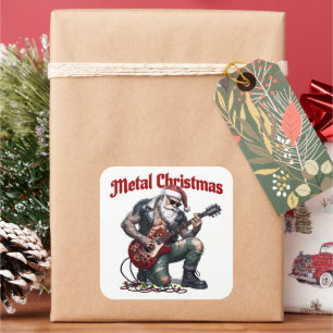 Adesivo Quadrado Papai Noel de Natal de Metal Tatuado Tocando Guita