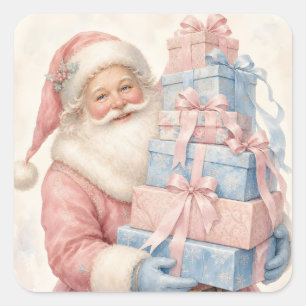 Adesivo Quadrado Papai Noel de Natal Rosa Pastel com Presentes 