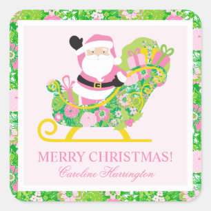 Adesivo Quadrado Papai Noel do Palm Beach Préppy Rosa e Verde