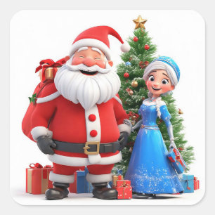 Adesivo Quadrado Papai Noel e a Donzela de Neve Celebrando o Natal